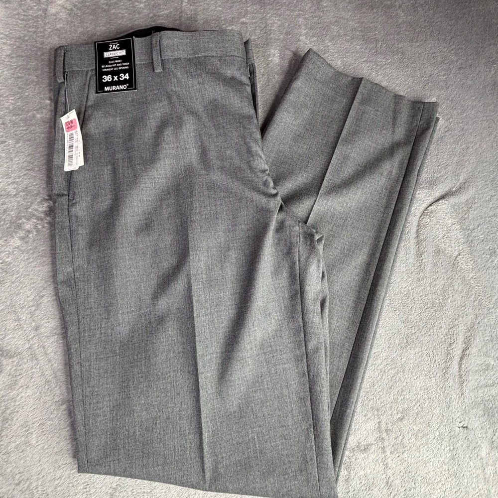 Murano Dress Pants Mens 36x34 Grey Zac Classic Fit Flat Front Straight Leg NEW